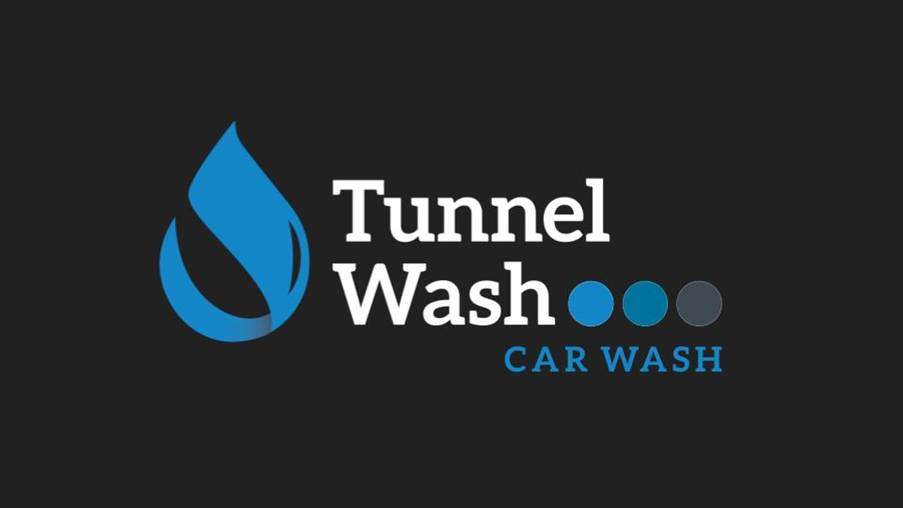 Logo of Tunnel Wash featuring a blue water droplet and the text 'Tunnel Wash Car Wash' in white and blue on a dark background.